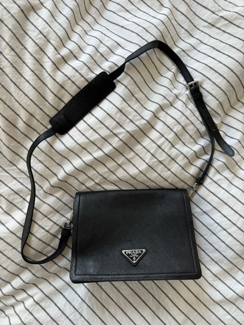 Prada Black Soft Grain Leather Shoulder Bag with Silver Logo